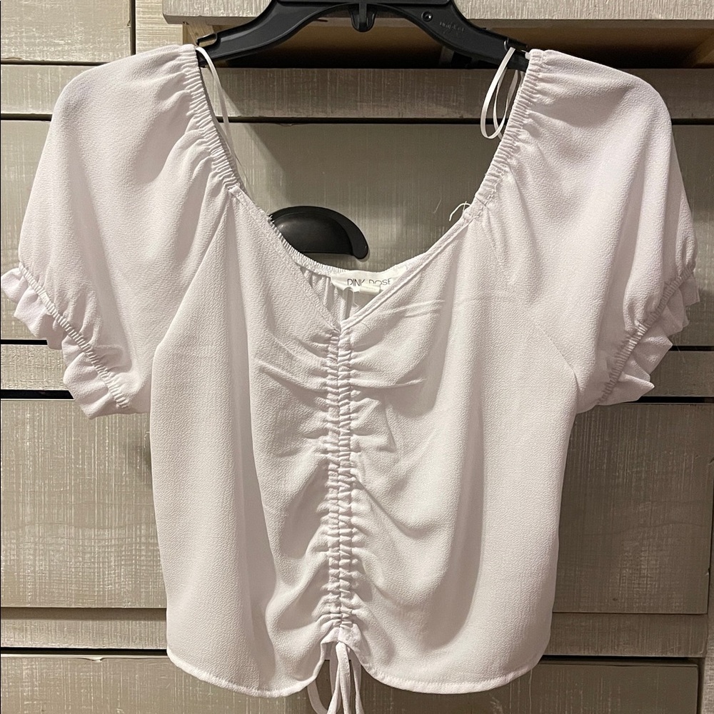 Pink Rose White Ruched Blouse